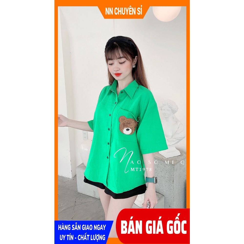 Áo sơ mi công sở nữ tay ngắn thêu gấu dễ thương chất vải mềm mát MT1978