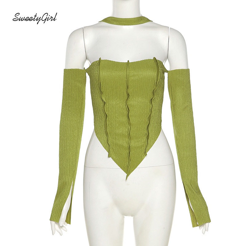 Áo croptop trễ vai tay dài dáng ôm màu trơn gợi cảm dễ phối đồ dành cho nữ