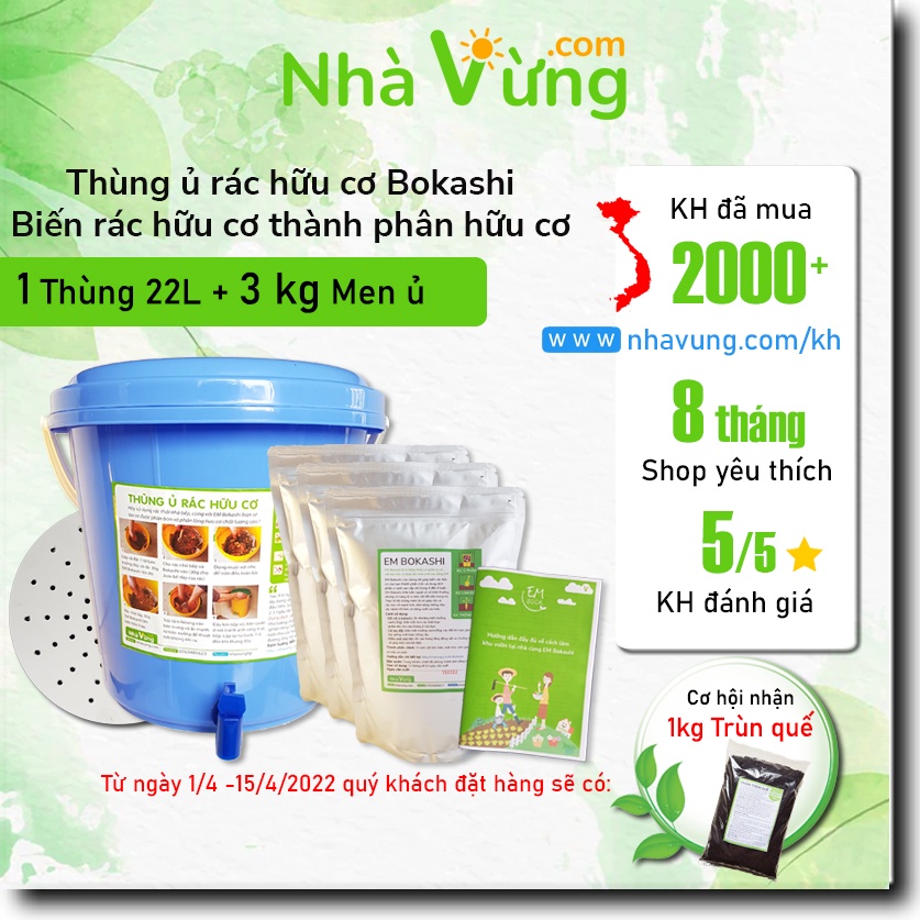 Thùng ủ rác hữu cơ bokashi (1 thùng 3 gói) + 1 găng tay làm vườn