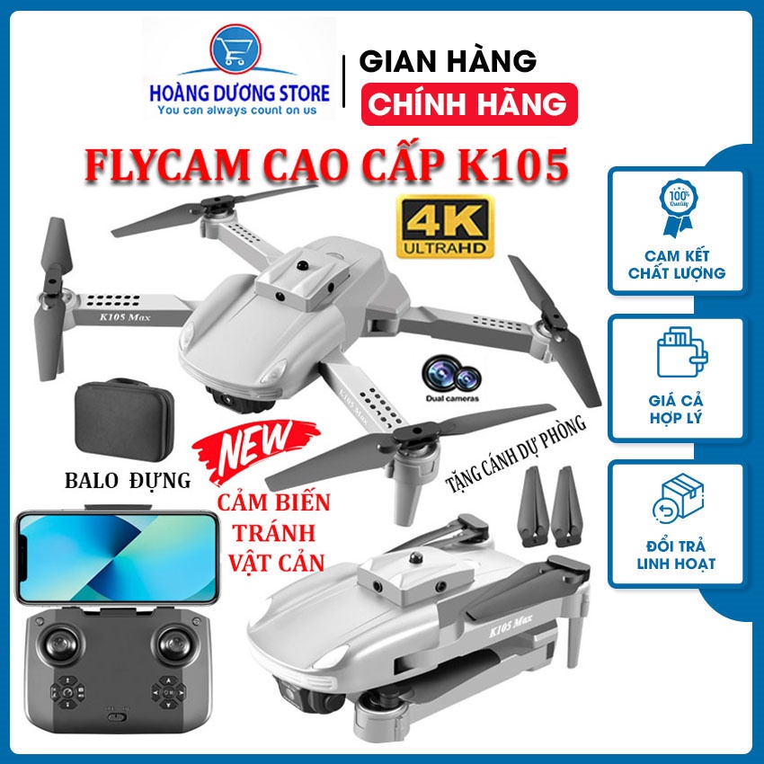 Máy bay điều khiển K105 Max, Flycam mini giá rẻ camera 4k chống dung, cảm biến 360 độ tránh vật cản