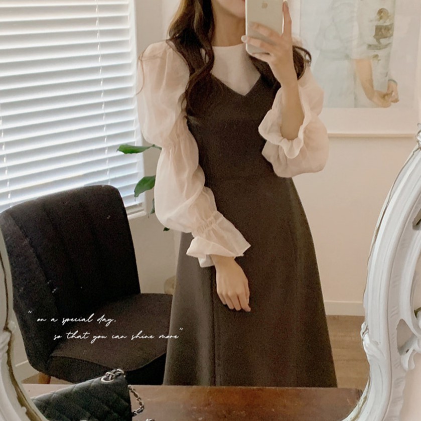 Áo tay phồng cổ tròn/ Đầm lửng không tay chiết eo mẫu 39459