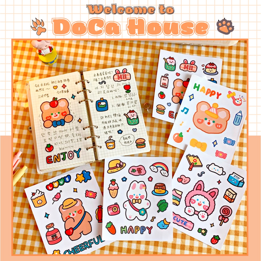 Miếng dán sticker gấu thỏ dễ thương, sticker trong suốt DOCA chống nước trang trí sách vở sổ tay, decor bàn học đồ dùng