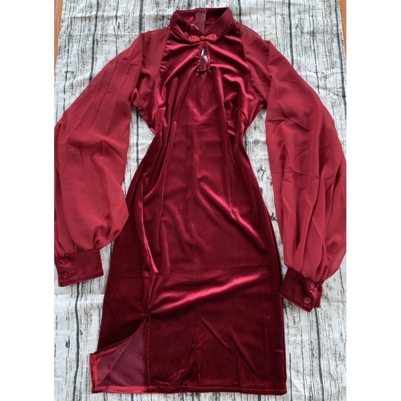 Ảnh thật-Clip thật Sườn xám nhung tay voan đỏ size SML