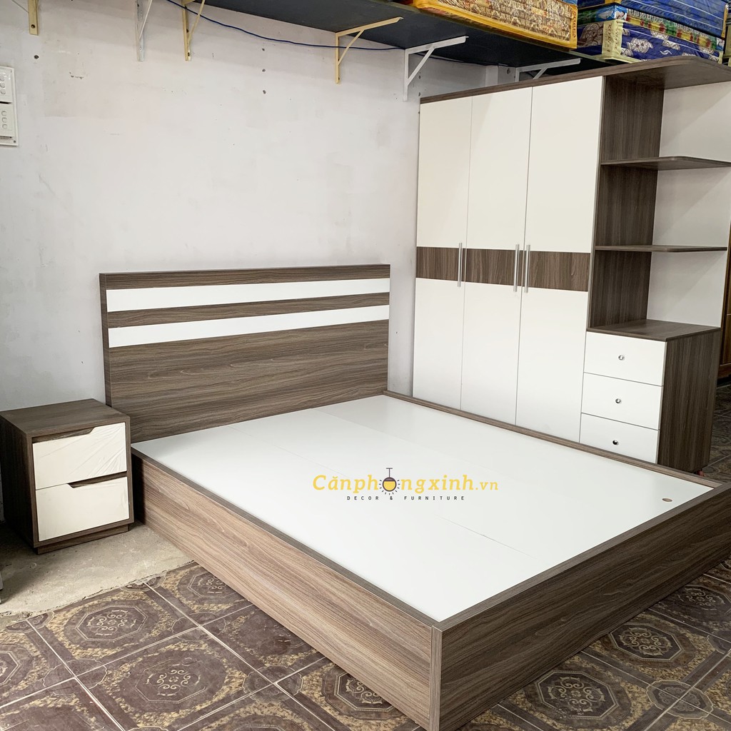 Combo Giường Tủ Phòng Ngủ Gỗ MDF CPX-CB13 Xám Phối Trắng