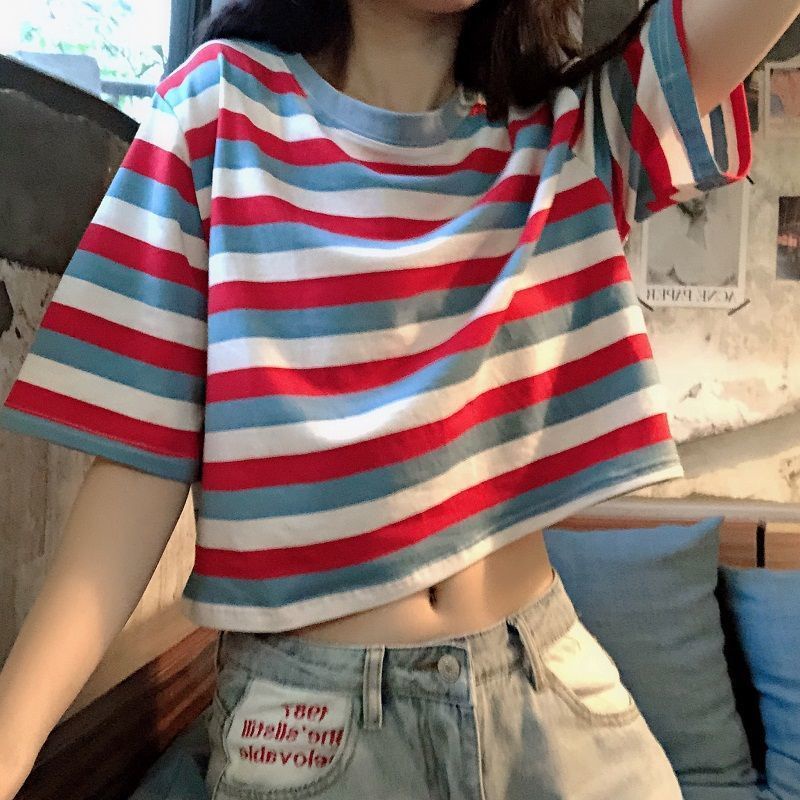 Áo Thun Nữ Ngắn Tay Dáng Rộng Họa Tiết Kẻ Sọc Cầu Vồng Phong Cách Harajuku Hàn Quốc Cho Áo phông Nữ TX-45