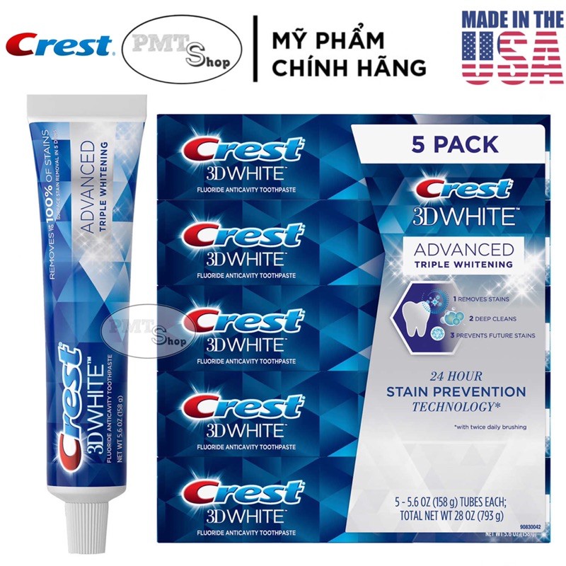 Kem đánh răng Crest 3D White Advanced Triple Whitening 158g trắng sáng, ngừa sâu răng