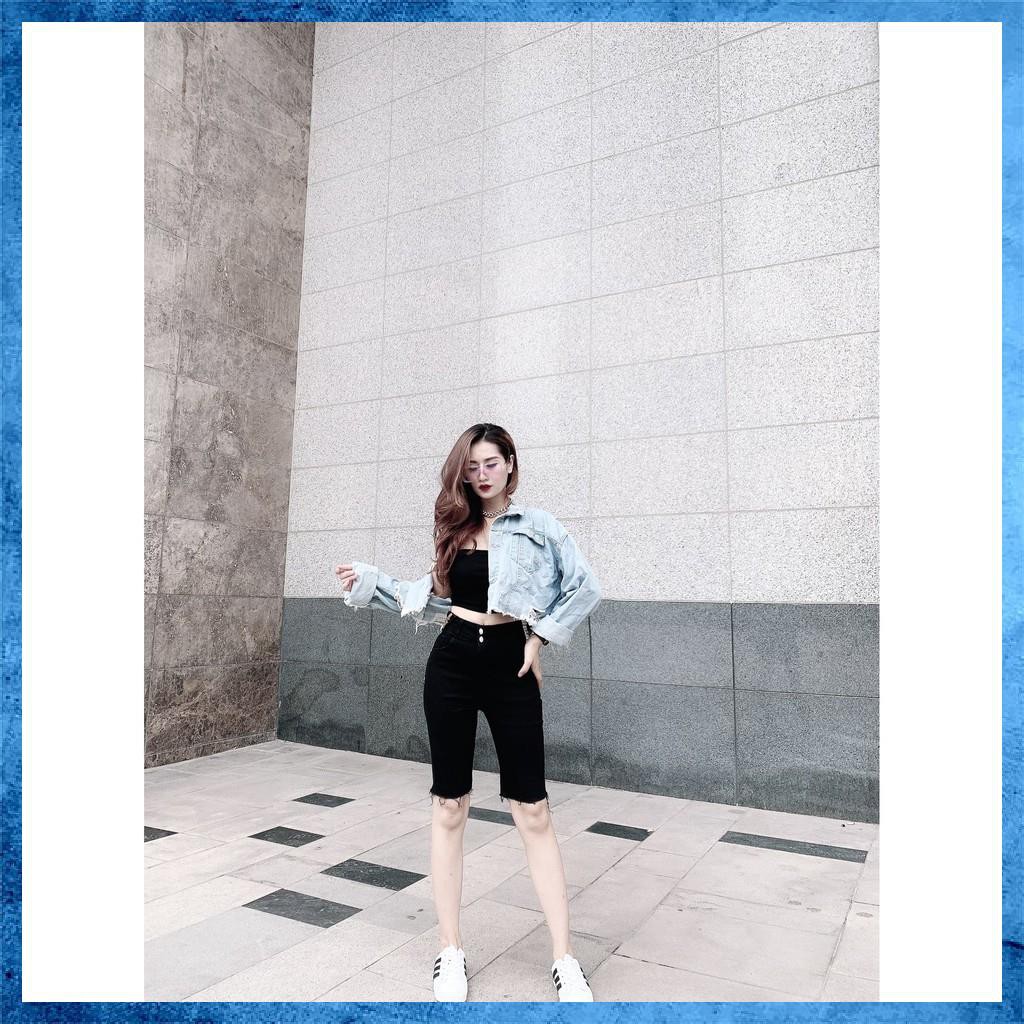 [Jeans nữ thiết kế] Quần ngố jeans trơn lưng cao túi chéo 2 khuy. Mã N1120