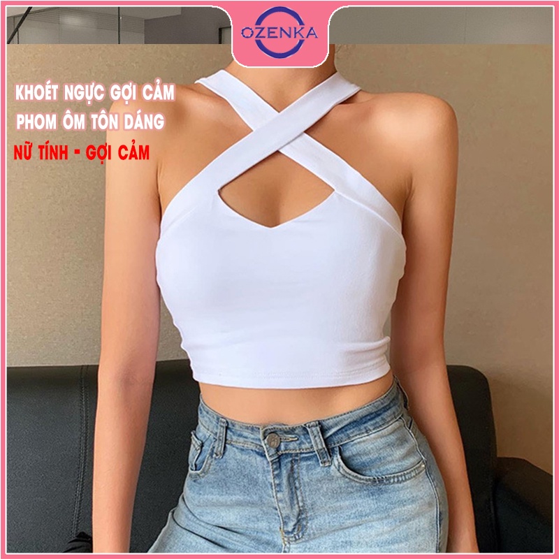Áo 2 dây chéo croptop nữ OZENKA , áo sát nách nữ thun gân 100% cotton ôm body gợi cảm màu đen trắng freesize dưới 50 kg