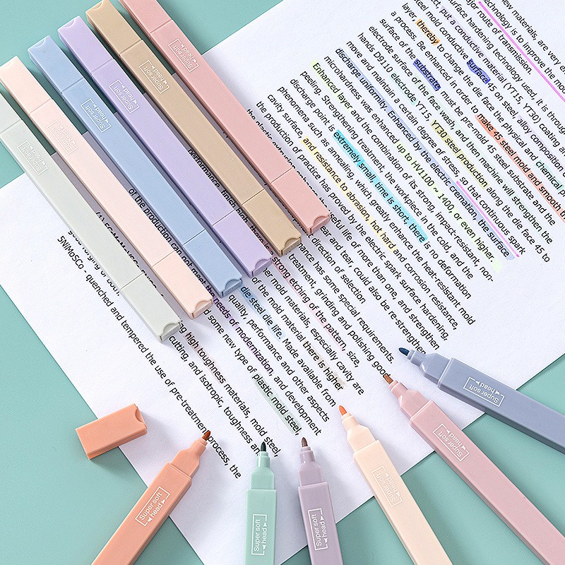 Bút highlight pastel 2 đánh dấu 2 đầu bút nhớ thân vuông nhiều màu Morandi