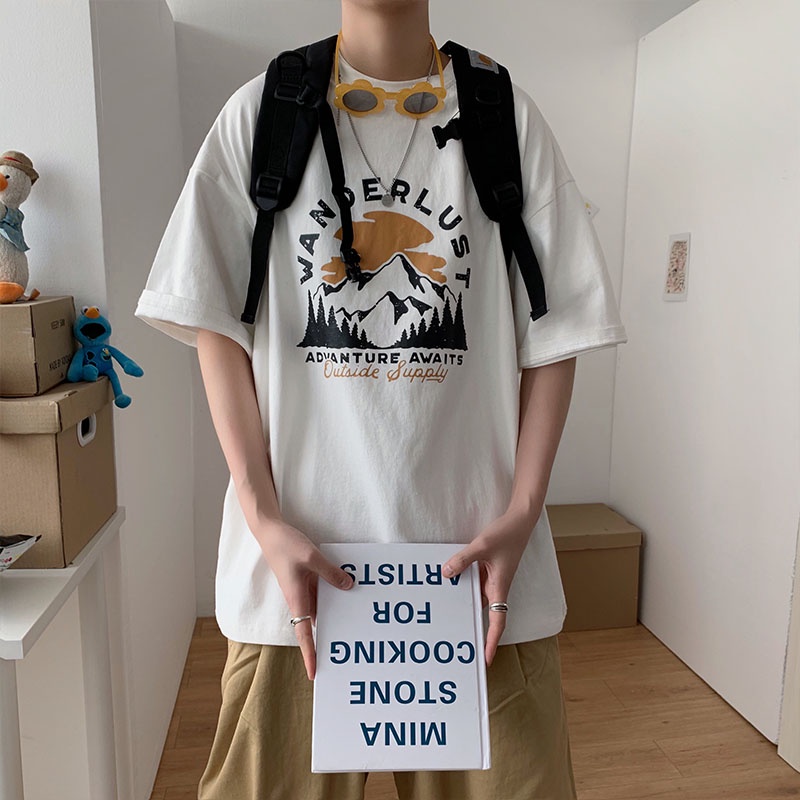 Áo thun tay ngắn cổ tròn dáng rộng in họa tiết graffiti phong cách Hàn Quốc thời trang cho nam size lớn S-8XL