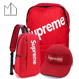 Combo Balo và túi đeo chéo thời trang kiểu dáng Supreme (Đỏ) + tặng kèm nón cùng màu BM - BL25