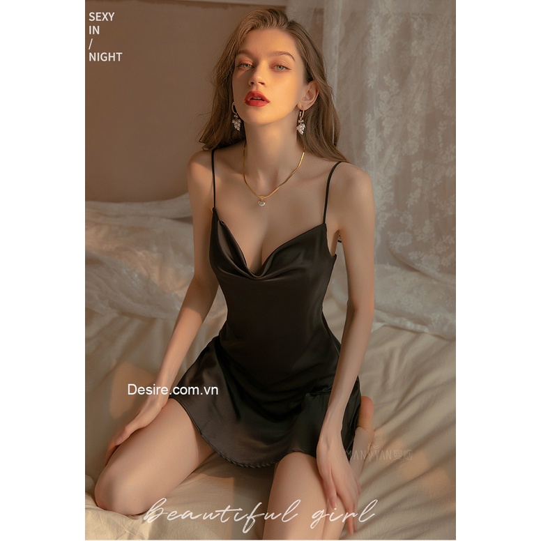 Váy ngủ hai dây đầm ngủ lụa thiết kế body cổ đổ chất liệu lụa sa tin cao cấp chất mát,mềm mịn VN-035