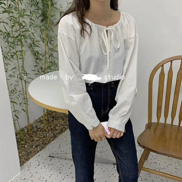 Áo thô cổ nơ dài tay