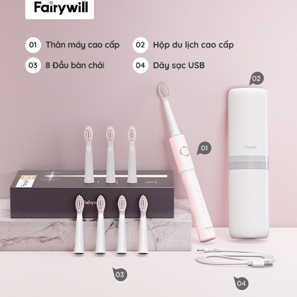 Bàn chải điện Fairywill E11 + 8 Đầu bàn chải + Hộp du lịch - 5 Chế độ Đánh răng và Làm trắng [12 tháng 1 đổi 1]