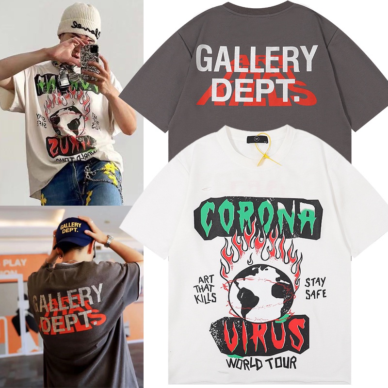 - Gallery Dept. Áo Thun Tay Ngắn In Chữ Cắt Xẻ Viền Mạ Đồng retro Dễ Phối Đồ Phong Cách Hip-hop Đường Phố Cho Cặp Đôi