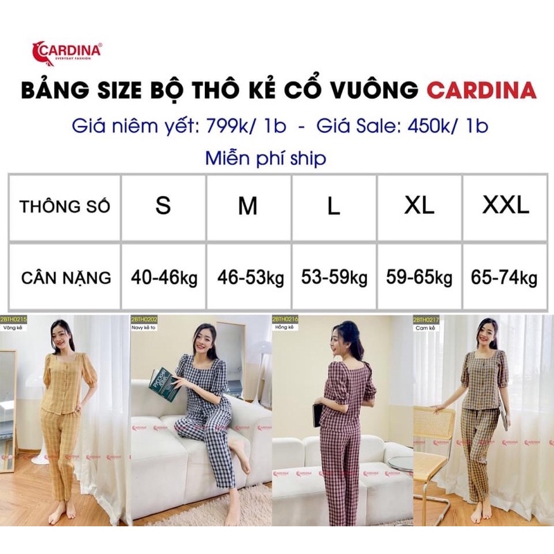 Đồ bộ nữ CARDINA 4 màu kẻ chất thô nhật cao cấp áo cổ vuông tay phồng quần dài thoáng mát nhẹ nhàng 2BTH02l