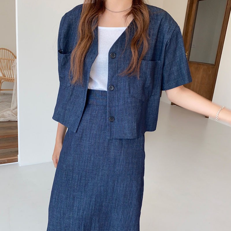 Set Áo Khoác Denim Tay Ngắn Cổ Chữ V + Chân Váy Dài Phong Cách Retro