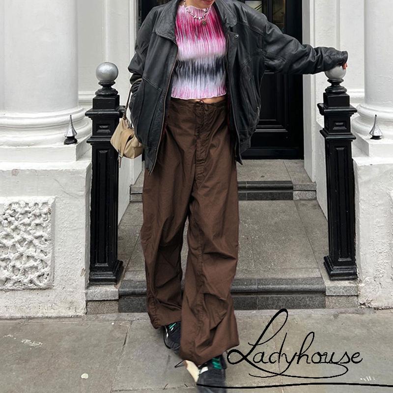 Quần ống rộng Màu Trơn Phối Dây Rút Thời Trang Mùa Xuân Cho Nữ Màu Đen/Nâu