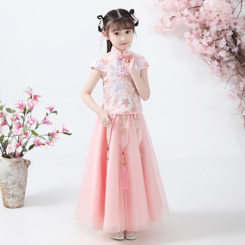 Bộ Đầm Sườn Xám Tay Ngắn Phong Cách Trung Hoa Thời Trang Mùa Hè Xinh Xắn Cho Bé Gái