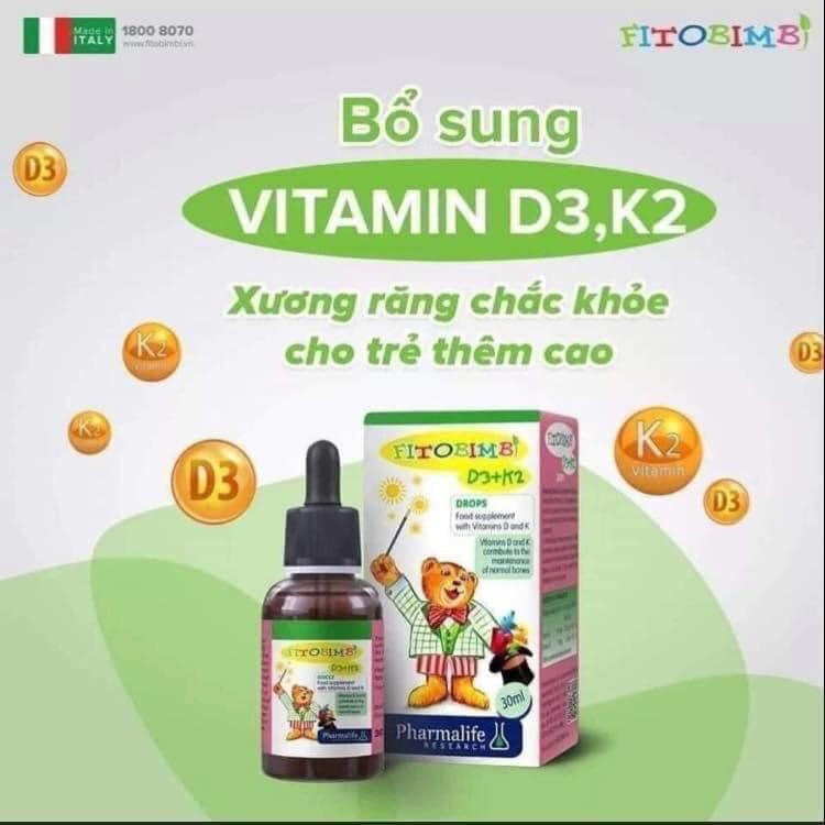 Fitobimbi D3 K2 - Siro bổ sung vitamin D3, K2 giúp bé hấp thu canxi tối đa, xương, răng chắc khỏe, giảm còi xương trẻ em