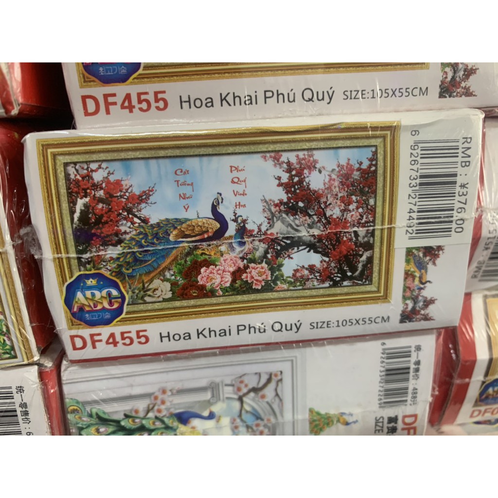 Tranh đính đá Chim Công Hoa Khai Phú Quý DF455 (105x55) chưa đính