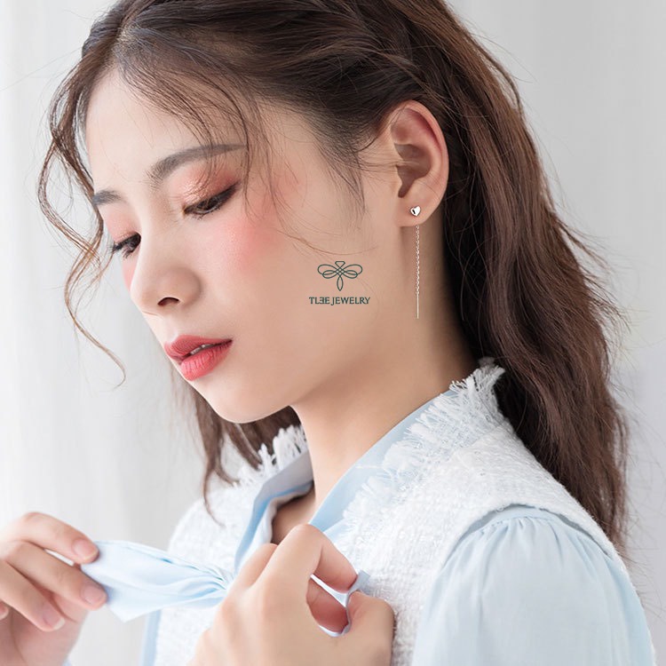 Bông tai bạc nữ tim phồng tua dài basic TleeJewelry B0142