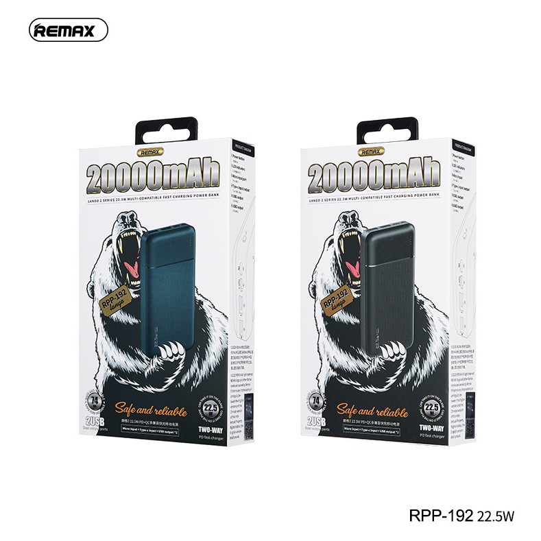 Pin Sạc Dự Phòng Remax RPP-192 20000mAh 2 Inputs, 3 Outputs, (TypeC PD 18W, USB 22.5W, VOOC)