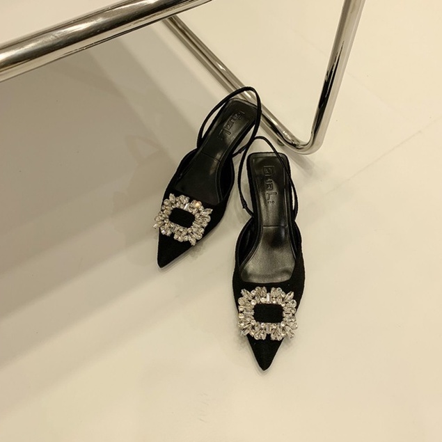 Giày sandal cao gót mũi nhọn trang trí khóa vuông đính đá chống trượt thời trang xuân hè 2022 dành cho nữ