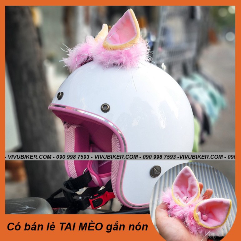 HOT-  Có bán rời tai mèo gắn mũ bảo hiểm 3/4 trắng lót hồng siêu cá tính - Nón bảo hiểm 3/4 kèm tai mèo Fung Fing chính