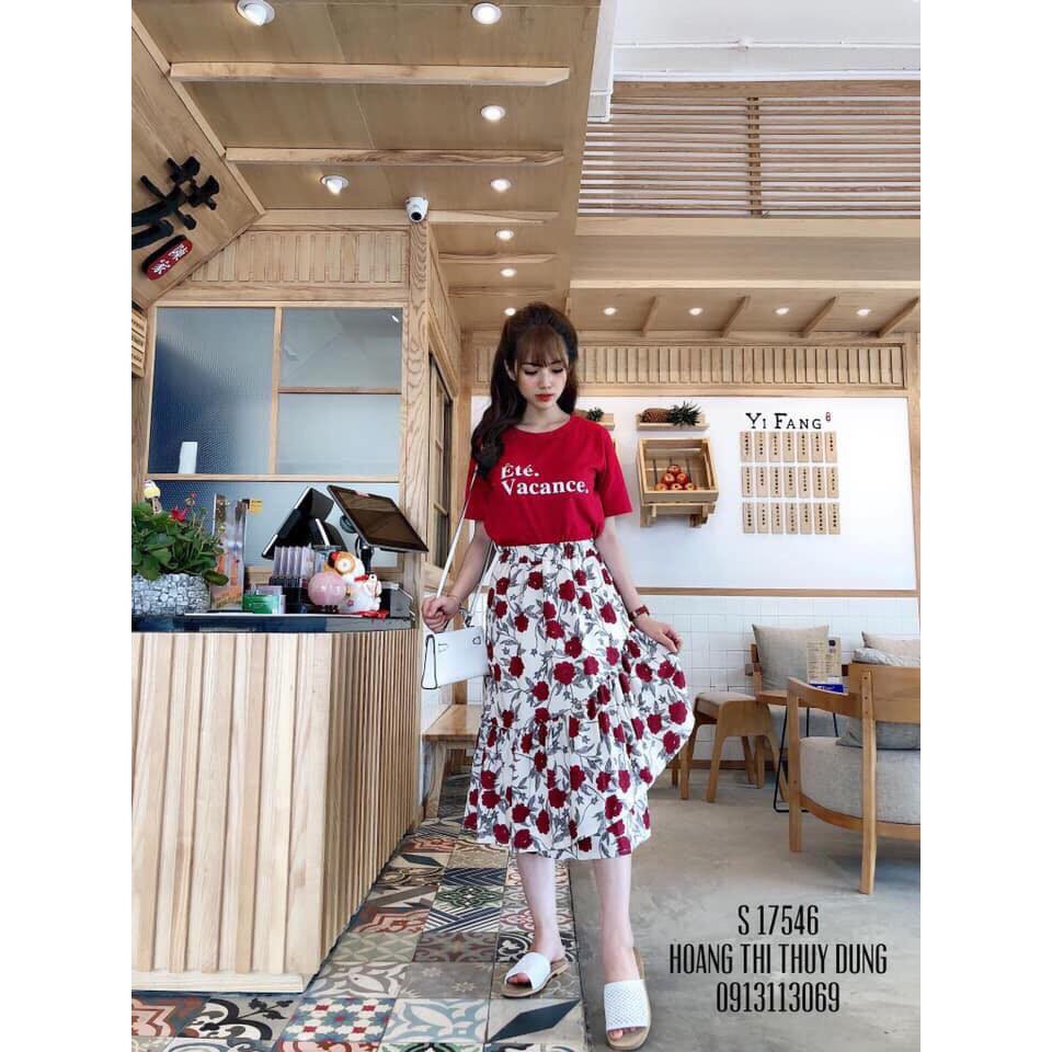 Set áo thun đỏ chân váy hoa dễ thương