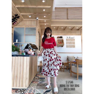 Set áo thun đỏ chân váy hoa dễ thương