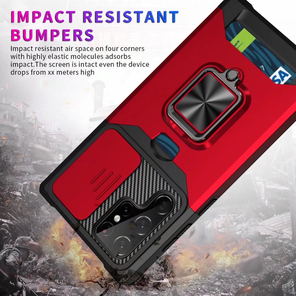 Card Holder Wallet Phone Case For Samsung Galaxy S22 Plus S22 S22 Ultra S21 S30 S21 Plus S21 Ultra Shockproof Protection Slide Camera Metal Ring Magnetic Car Cover