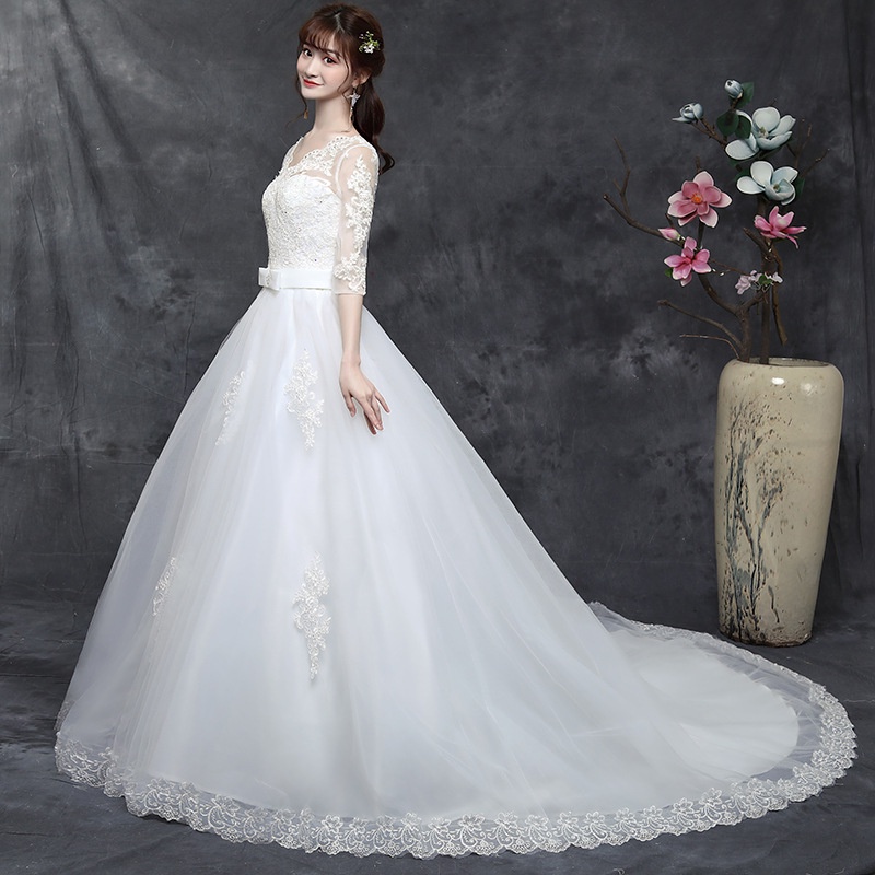 Đầm cưới dáng dài cổ chữ V thanh lịch thời trang cho cô dâu