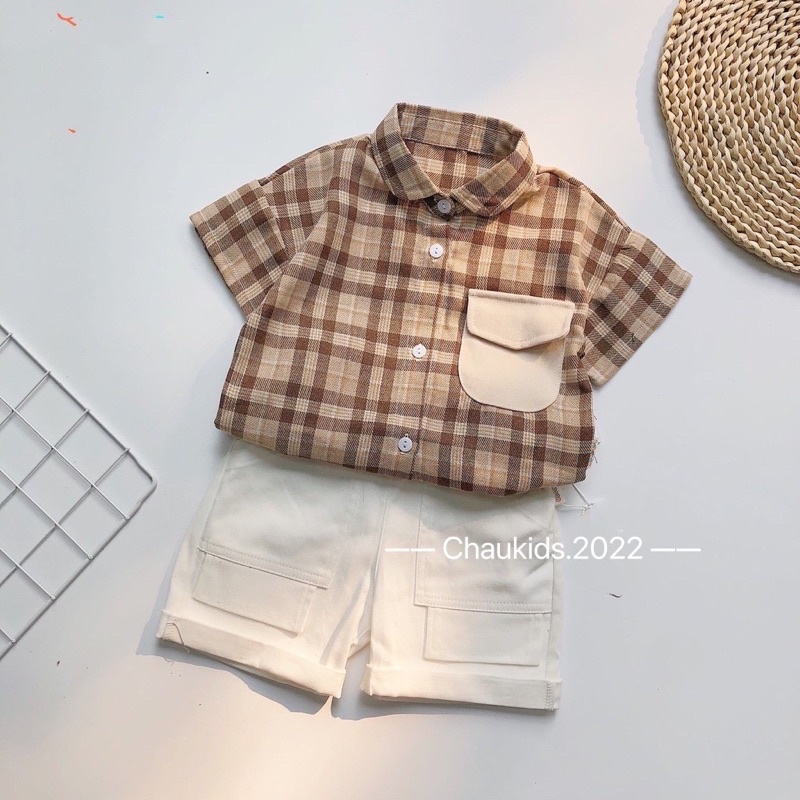 NÂU Bộ sơ mi kẻ túi cho bé mã 46058
