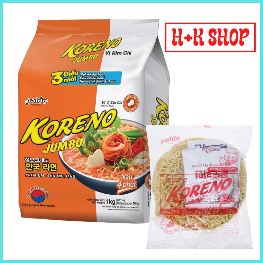 Mì Koreno Jumpo Vị Bò Cay, Vị Kim Chi, Túi 10 gói 100g MKRN01