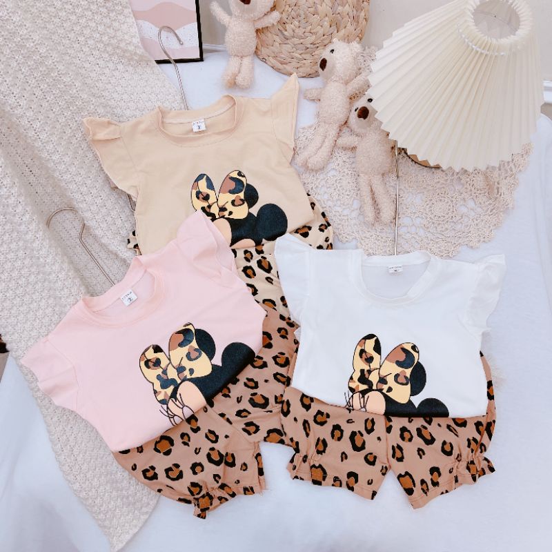 Bộ Quần Áo Ba Lỗ Tay Bèo In Hình Micky Da Báo Vải Cotton Siêu Đẹp Cho Bé Gái Từ 8-20kg Mã BL24