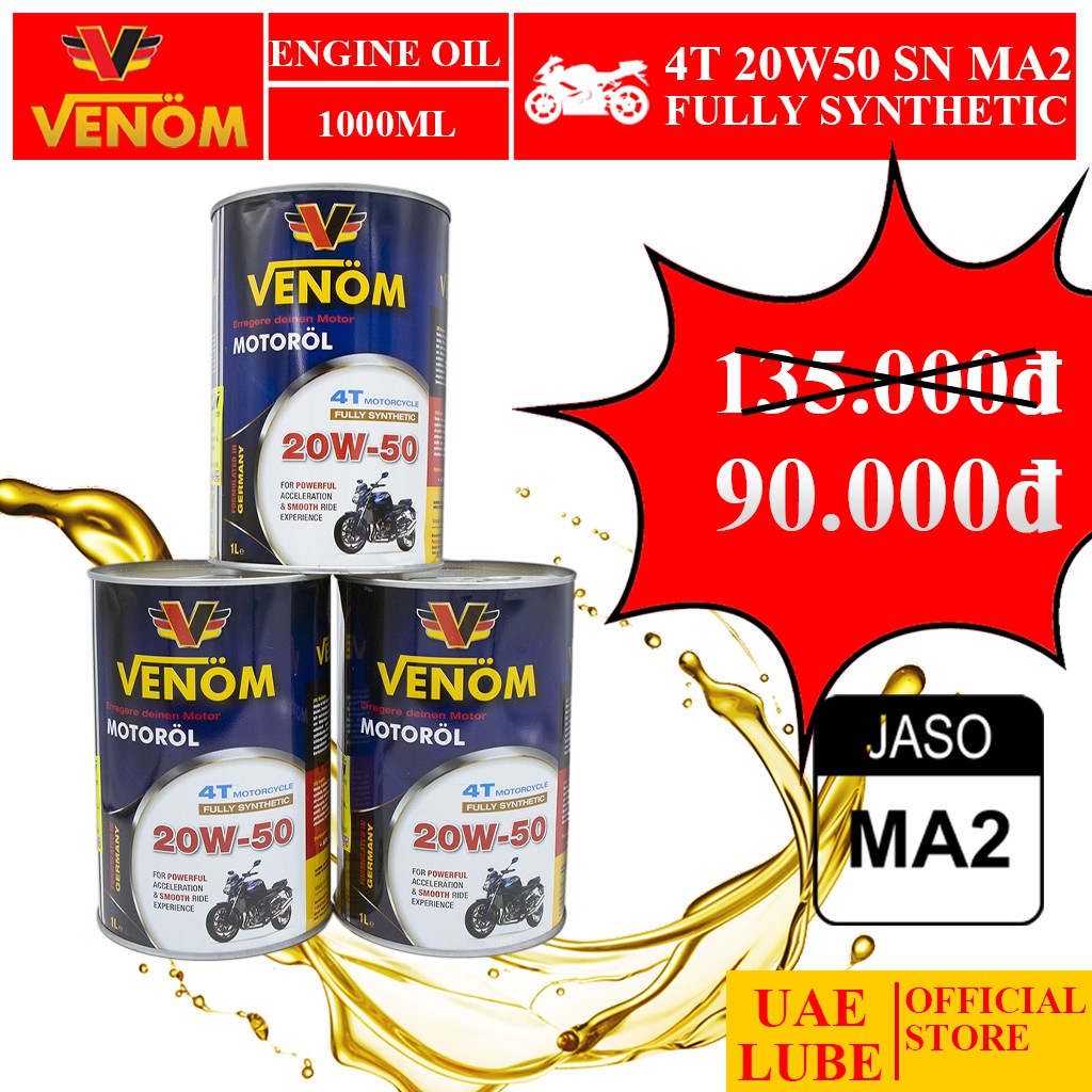 Nhớt Lon Tổng Hợp VENOM 20W50 1000ml Nhập Khẩu - VENOM FULLY SYNTHETIC OIL SN MA2 - Made in UAE