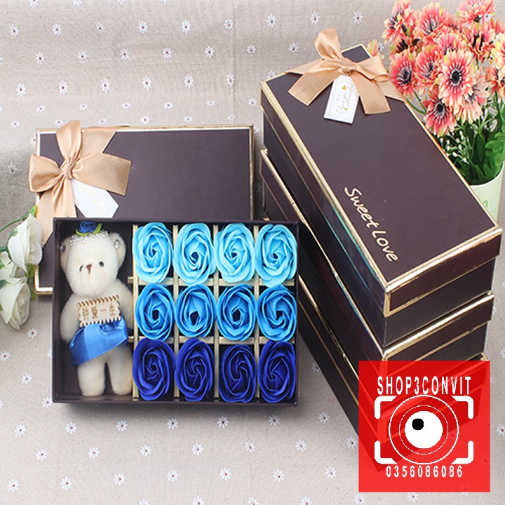 🌹 Hộp hoa hồng sáp 12 bông kèm gấu kute dùng làm quà tặng siêu đẹp 🌹