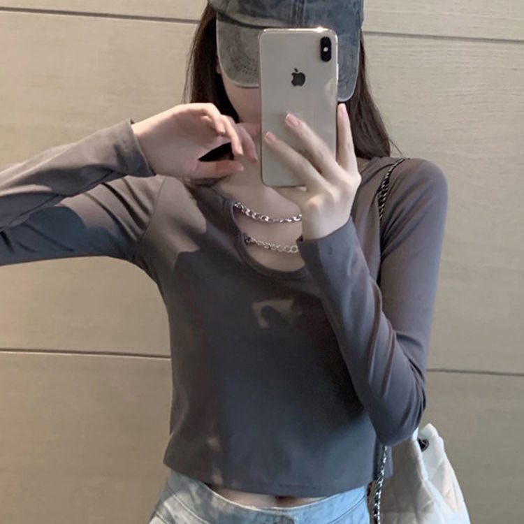 Women's 95 Cotton Short Chain Long-Sleeved T-shirt 2022 Inner Fit Sexy Top Insfashion
