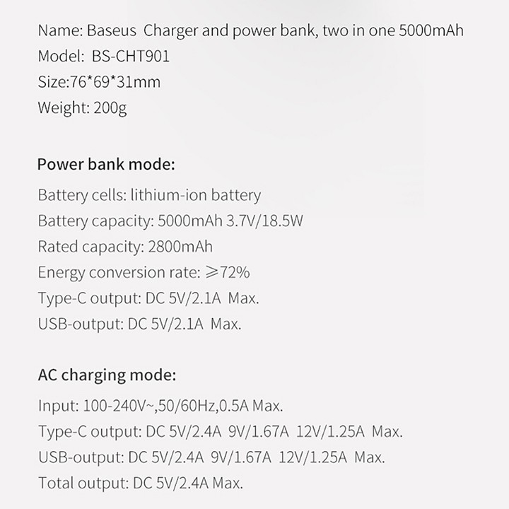 SẠC KÈM PIN DỰ PHÒNG SẠC NHANH QC 3.0 VÀ PD 3.0 2 CỔNG 5.000MAH BASEUS CHT901 CHÍNH HÃNG HÀNG CHUẨN