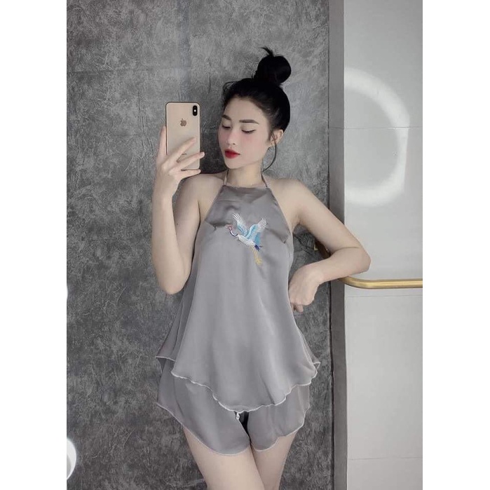 Sét yếm nữ gợi cảm hạc thêu chất satin, đồ ngủ sexy mùa hè- Phuongaliceshop