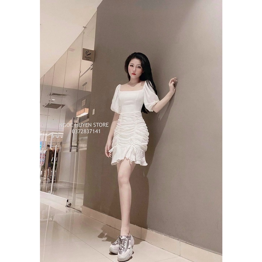 Đầm Voan Mịn Cổ Vuông Sau Tay Ngắn Phồng Kèm Đuôi Nhún Rút Dây Hai Bên Dạ Tiệc TTSA1662