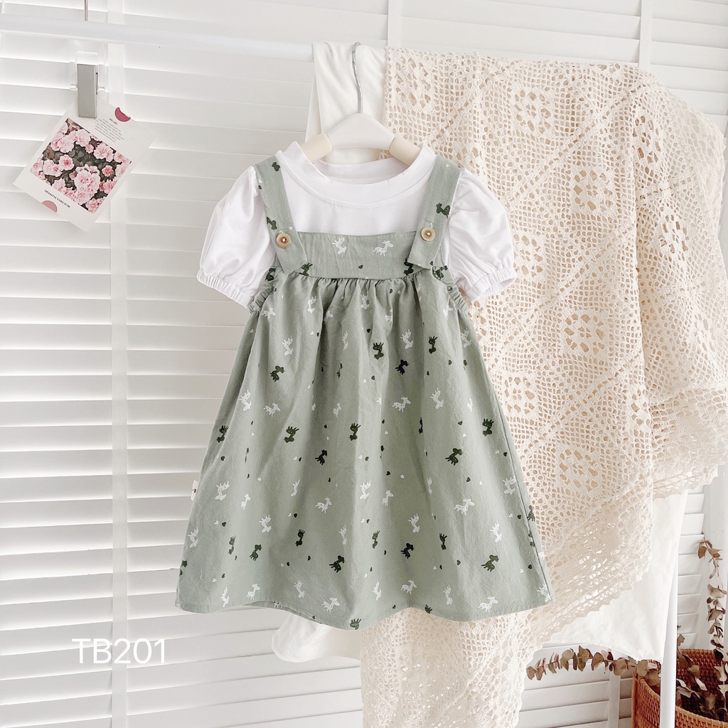 Váy Yếm Hoa Cho Bé Gái, Sét Yếm Hoa Nhí Kèm Áo Thun Trắng Vintage Cho Bé