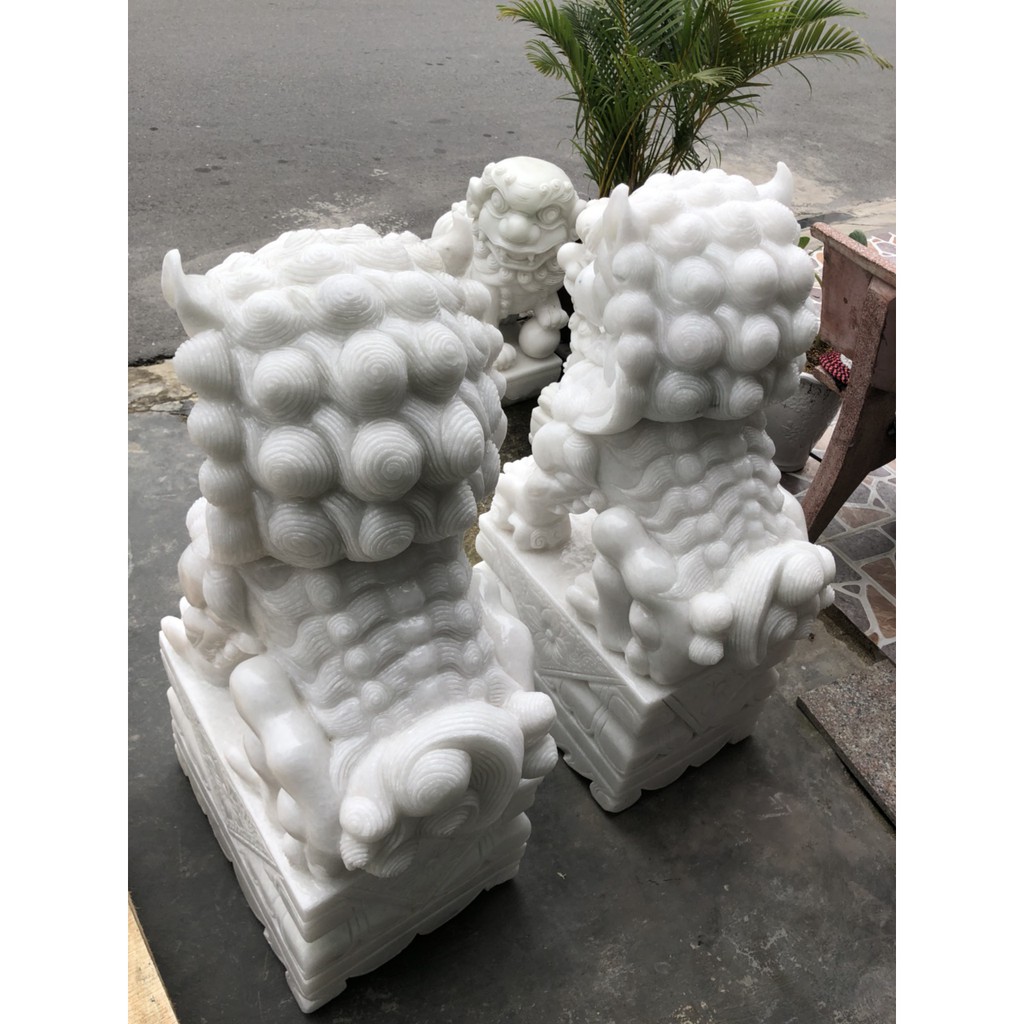 Cặp tượng Kỳ Lân phong thủy gác cổng đá trắng - Cao 1 m