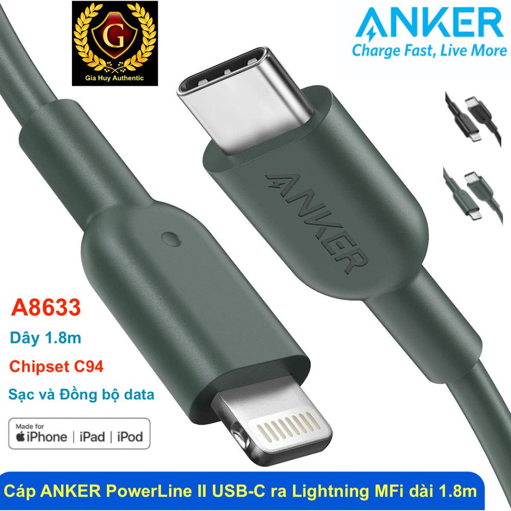 Cáp sạc nhanh iPhone 12, iPad Pro  ANKER PowerLine II USB-C to Lightning chuẩn MFi Chipset C94 dài 1.8m - A8633