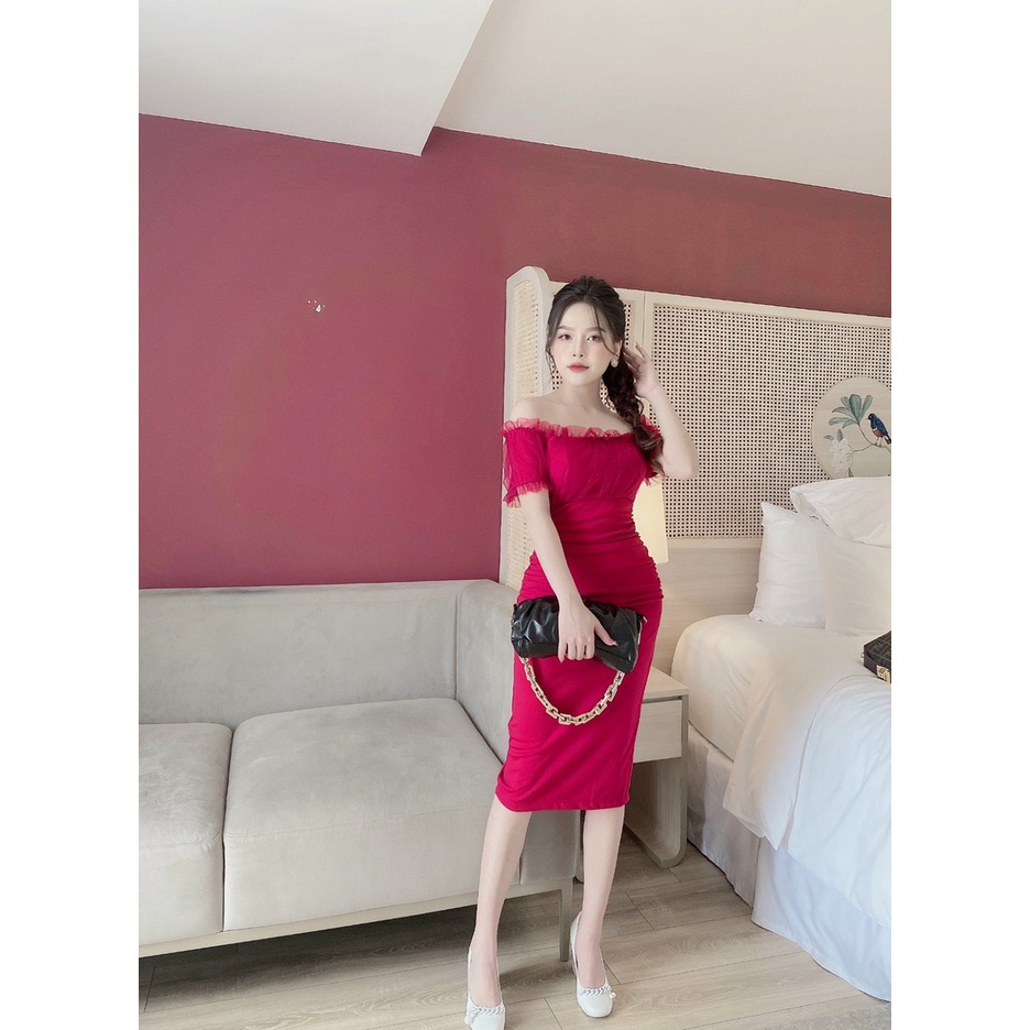 Đầm nữ ôm body cao cấp sang trọng hai dây xếp nơ ngực siêu tôn dáng | BigBuy360 - bigbuy360.vn