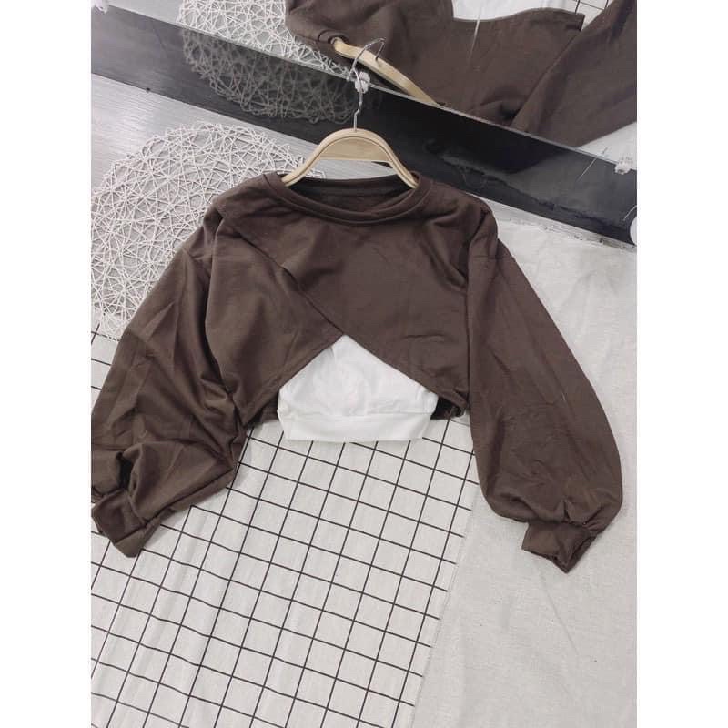 [ TẶNG KÈM BRA] Áo Croptop Tay Dài Form Rộng Nữ Ullzang, Set Áo Croptop 2 Món Đắp Chéo Unisex