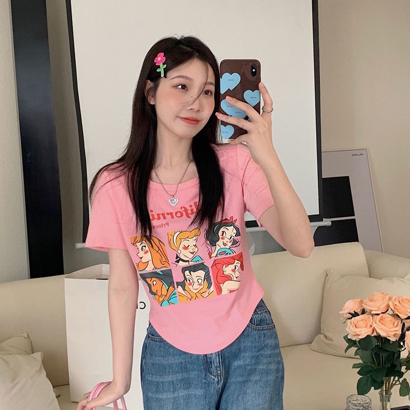 IELGY Áo Thun Tay Ngắn Hở Vai In Họa Tiết Hoạt Hình Màu Trơn Thời Trang Cho Nữ