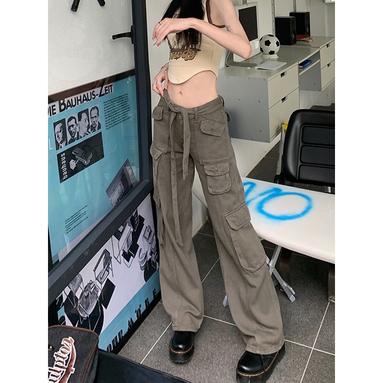 QADCOL Quần Jean Lưng Thấp Ống Rộng Phối Túi Cá Tính Theo Phong Cách 2022