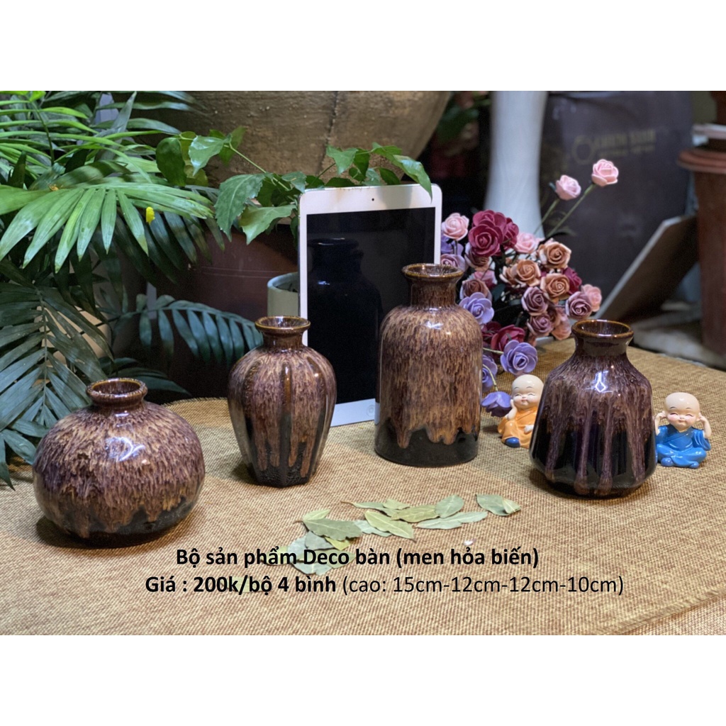 Bộ 4 lọ bình decor mini cắm bàn - men hỏa biến - Diệp Lạc (sỉ/lẻ)